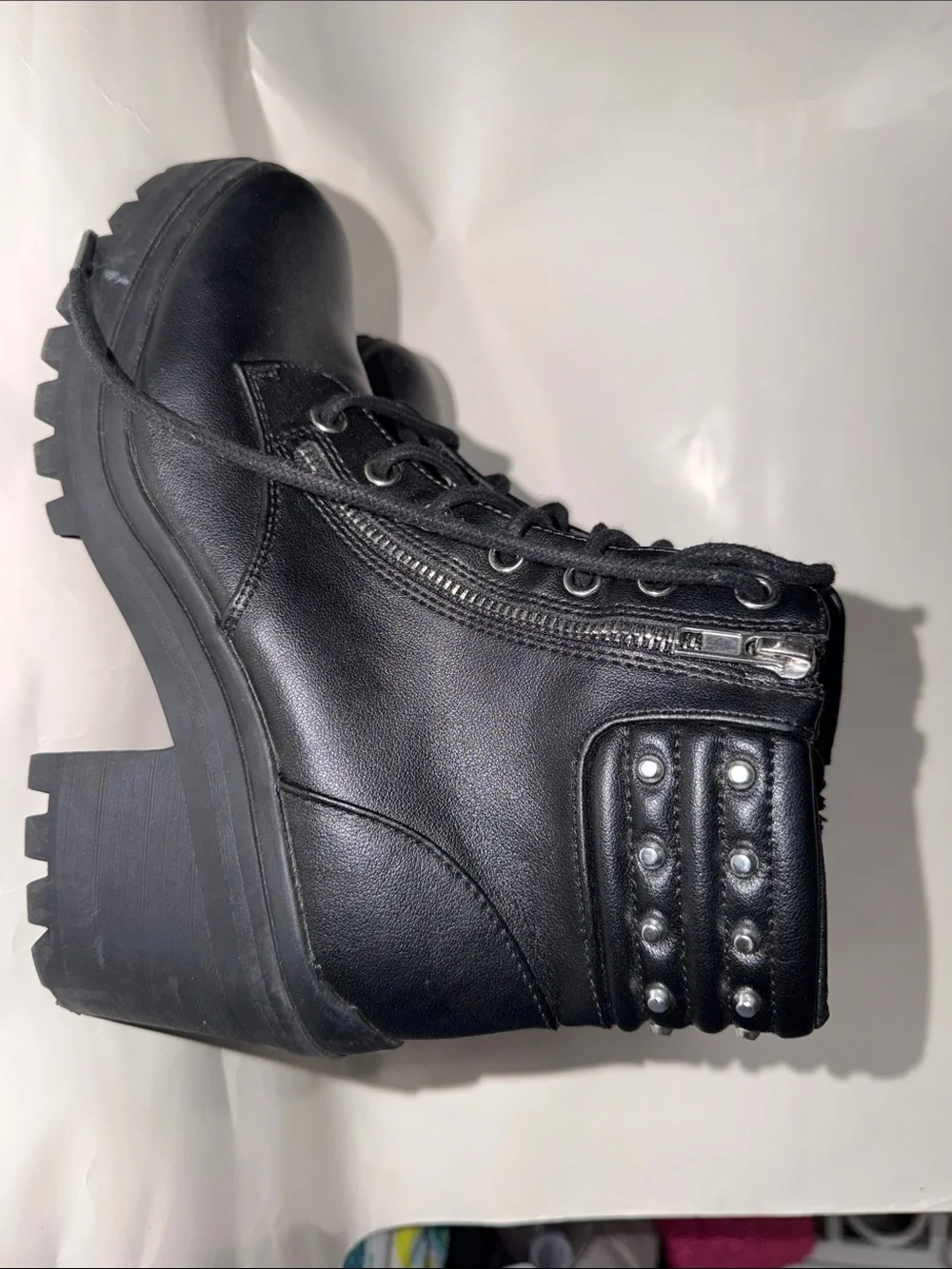 No Boundaries Black Lace-Up Studded Chunky Heel Combat Boots - Picture 4 of 8